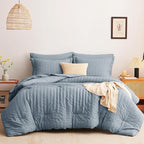CozyLux Grayish Blue King Size Comforter Set Seersucker 7 Pieces Dusty Blue Bed in a Bag King Comforter Set with Sheets, Luxury Bedding Set with Down Alternative Comforter, Sheets, Pillowcases & Shams