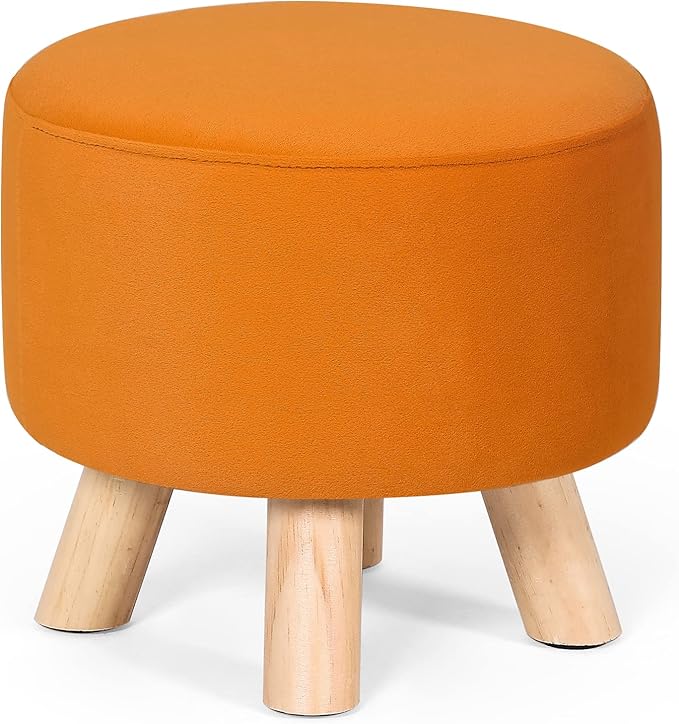 Asense Small Round Ottoman Foot Rest Stool Fabric Padded Seat Footstool Ottoman with Anti-Slip Wooden Legs (Orange,Fabric)