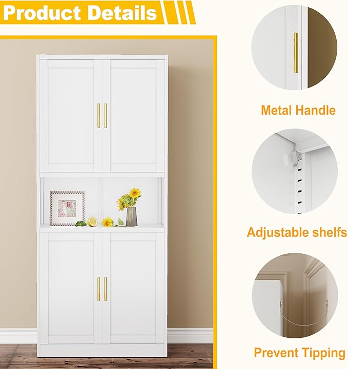 Tall Pantry Cabinet 67" H Metal Cabinet with 4 Doors, Bathroom Cabinets, 3 Adjustable Shelves for Kitchen, Home Office, Living Room, Dinning Room