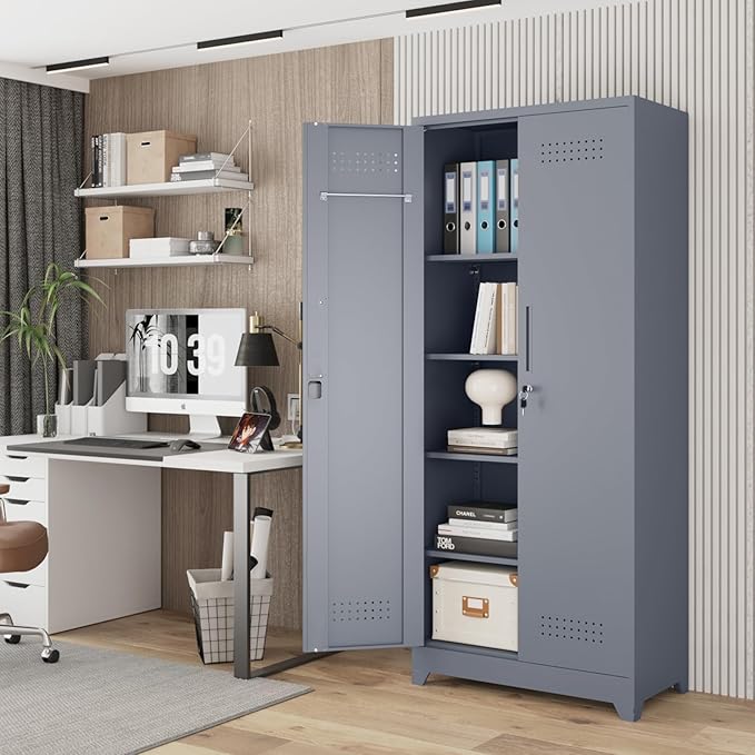 Lockable Storage Cabinet,Utility Closet with Doors and Shelves,SteelGarage Cabinet with Adjustable Shelves for Home,Garage,Gray