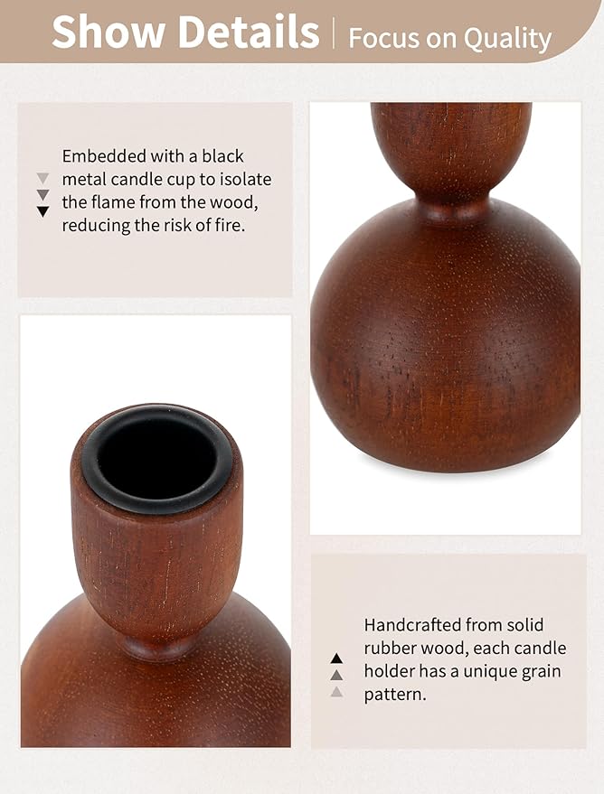 NUPTIO Candlestick Holders for Home Decor: Set of 3 Wood Taper Candle Holders for Thanksgiving Table Centerpieces - Mid Century Modern Caramel