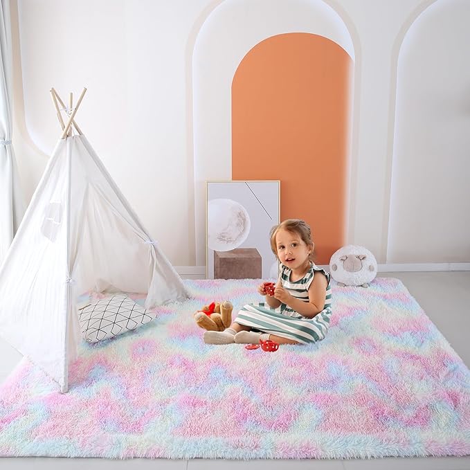 Fluffy Rainbow Rugs for Girls Bedroom Living Room,6x9 Feet Shag Fuzzy Area Rug for Kids Playroom,Pastel Plush Shaggy Carpet for Nursery Baby Toddler Dorm Room
