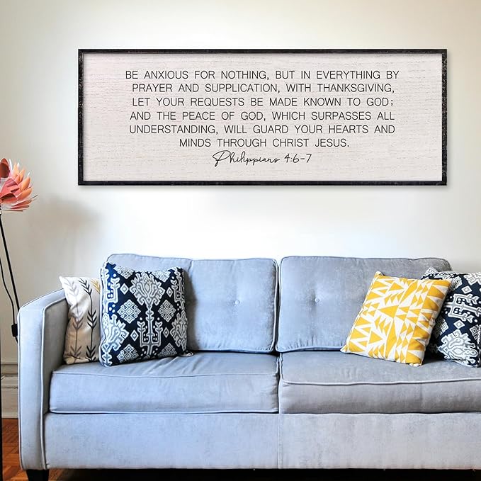 LuZhiQiang Be Anxious for Nothing Wall Decor 32"×12" Philippians 4:6-7 Bible Verse Sign Large Christian Scripture Wood Framed Hanging Decor (Black)