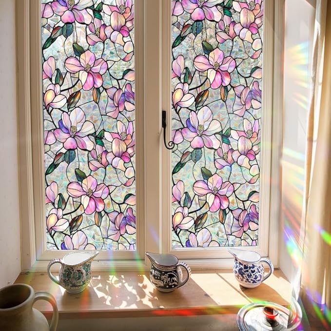 Decorative Orchid Flower Stained Static Glass Window Clings Stickers for Home Office Living Room Bedroom Glass Windows Door Decor 16.93 x 39.37 Inches