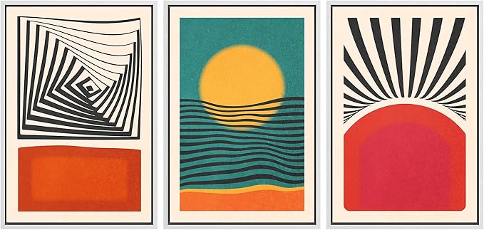 SIGNWIN Framed Canvas Print Wall Art Set Mid-Century Rising Sun & Color Blocks Abstract Geometric Illustrations Graffiti & Street Art Modern Art for Living Room, Bedroom, Office - 24"x36"x3 White