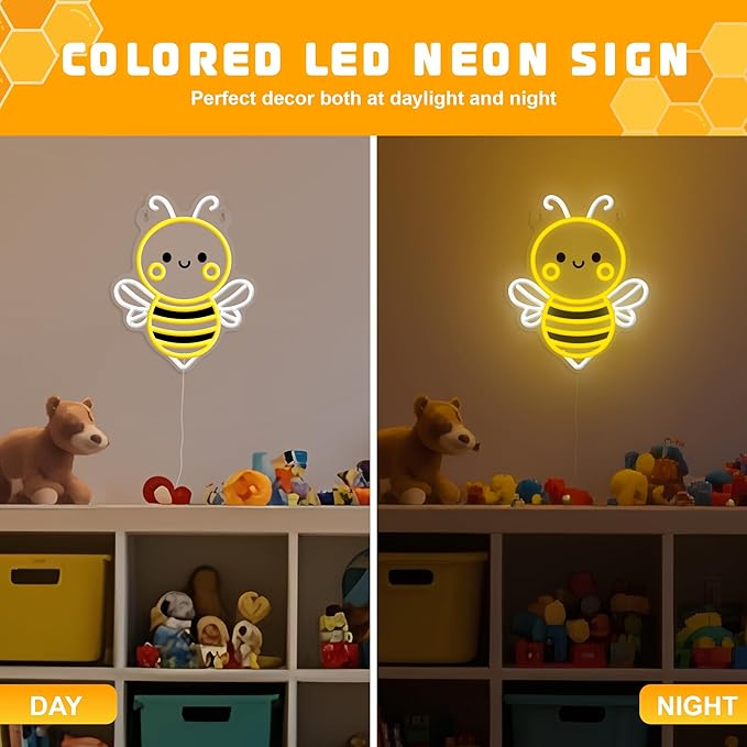Bee Neon Sign Wall Art, Honey Bee Decor for Bedroom Living Room Office Patio Garden Stores, USB-Powered Energy-Saving Light with Hanging Kit, Gifts for Kids,Women,Beekeeper