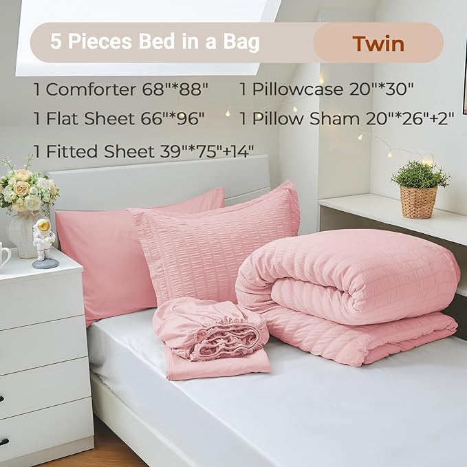 MUXHOMO 5 Pieces Twin Comforter Set, Seersucker Bed in a Bag Twin Size, All Season Luxury Bedding Set with Comforter, Flat Sheet, Fitted Sheet, Pillowcase & Sham, Pink