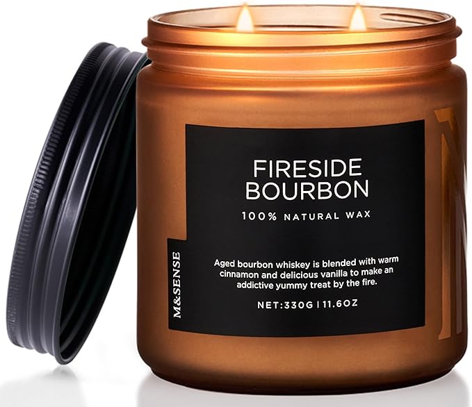M&SENSE Fireside Bourbon Jar Candle, 11.6oz Clean Soy Wax Up to 70 Hours Burn Time Smoky Scent 2 Wick Cotton Fall Campfire Scented Candle for Home Decor Housewarming Gifts for Bathroom Office