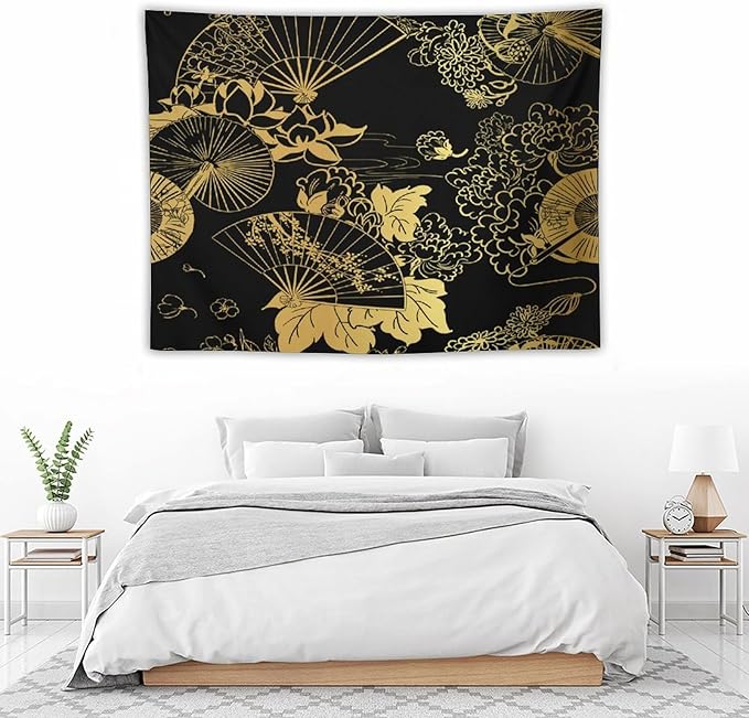 HZOHNAGO Japanese Tapestry Gold Flowers Umbrella Fan Pattern Printed Wall Tapestry Painting Wall Hanging for Bedroom Living Room Dorm 40" W x 30" H