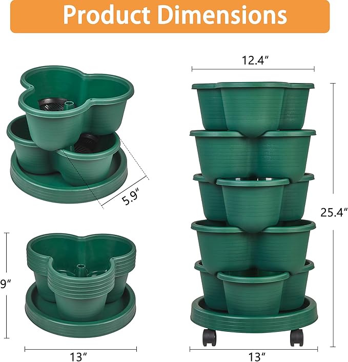 VECELO 5 Tier Vertical Garden Planter, Self Watering Stackable Planters with Wheels for Strawberries, Herbs, Flowers, Vegetables, Dark Green