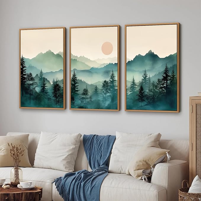 SIGNINART Large Boho Mountain Framed Canvas Wall Art Set, Nature Pine Tree Wall Painting, Abstract Foggy Forest Wall Decor, Modern Sunrise Art Prints for Bedroom Living Room and Office - 16"x24"x3