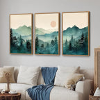 SIGNINART Large Mountain Framed Canvas Wall Art Set, Abstract Misty Forest Wall Decor, Foggy Nature Pine Tree Wall Painting, Modern Boho Sunrise Art Prints for Bedroom Living Room and Office 24"x36"x3