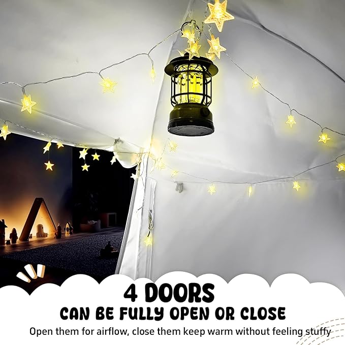 Bed Tent Bed Canopy Queen Size for Kid and Adults 100% Breathable Tents 4 Doors 80% Blackout - Indoor Portable Sleeping Tents Privacy Large Space with String Light