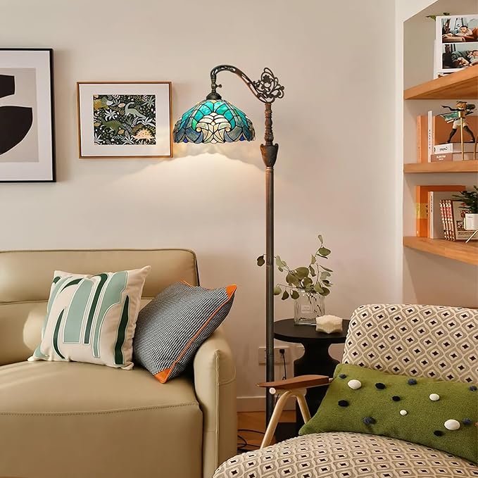 Tiffany Floor Lamp Vintage Standing Lamp Green Stained Glass Floor Light Rustic Corner Gooseneck Floor Lamp with Adjustable Angle for Home Decor Living Room Bedroom 12X12X63 Inches