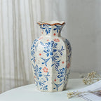 9.5 Inch Vintage Ceramic Vase, Chinoiserie Flower Vases Decorative Antique Vases for Home Decor, Rustic Blue and Pink Porcelain Vase Farmhouse Shelf Table Centerpieces Decor