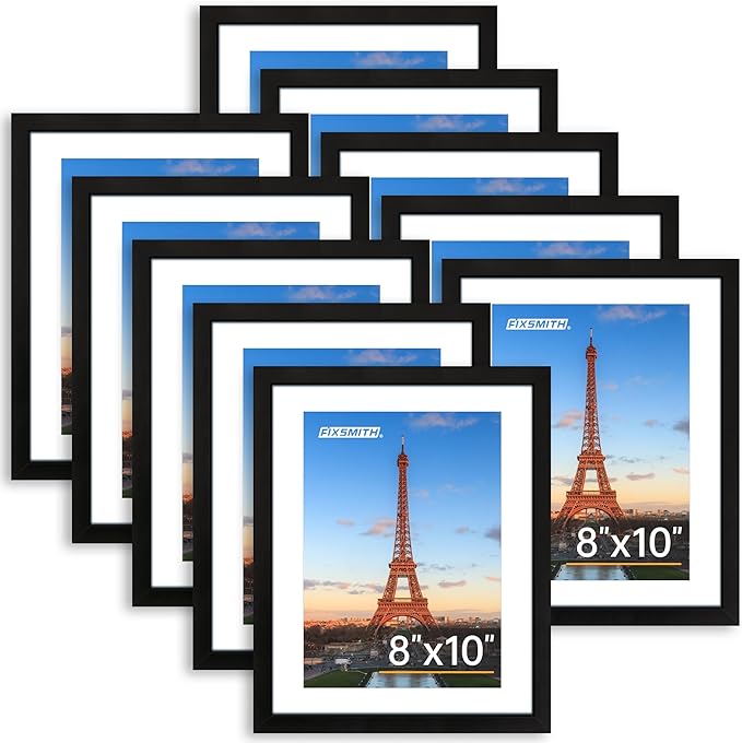 FIXSMITH 8x10 Picture Frame Set of 10, Photo Frame Bulk with HD Plexiglass, Display Pictures 5x7 with Mat or 8x10 Without Mat Multi Picture Frames Collage for Tabletop or Wall Display, Black