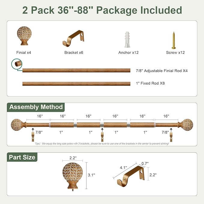 2 Pack Wood Curtain Rods for Windows 48 to 84 Inch,1'' Diameter Drapery Rods with Imitation Wood Grain Leaf Pattern Finials,Boho Adjustable Heavy Duty Curtain Rods Set,36-88'',Color:Natural Wood