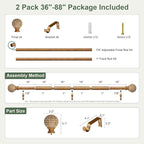 2 Pack Wood Curtain Rods for Windows 48 to 84 Inch,1'' Diameter Drapery Rods with Imitation Wood Grain Leaf Pattern Finials,Boho Adjustable Heavy Duty Curtain Rods Set,36-88'',Color:Natural Wood