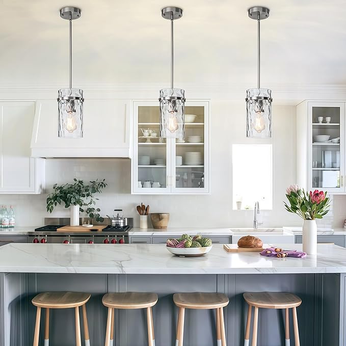 Brush Nickel Hammered Hand-Blown Glass Pendant Light Fixtures, Pendant Lights Kitchen Island Modern Kitchen Island Lighting Dining Room Light Farmhouse Island Lights Sink 2 Pack