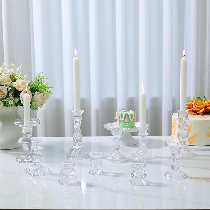 Mumufy 10 Pcs Glass Crystal Taper Candle Holders Clear Glass Candlestick Holder Fit 0.8 Inch Candles Crystal Decorative Candle Stand Centerpiece Table Wedding Dining Party (Classic,Clear)