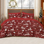 Christmas Comforter Set Queen Size,Red Christmas Bed Set with Reindeer Stars Bedding for Holiday, 3 Pieces 1 Reversible Comforter and 2 Pillowcases