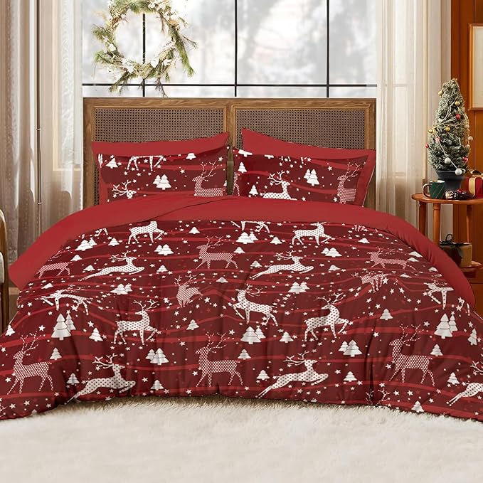 Christmas Comforter Set Twin Size,Red Christmas Bed Set with Reindeer Stars Bedding for Holiday, 2 Pieces 1 Reversible Comforter and 1 Pillowcase