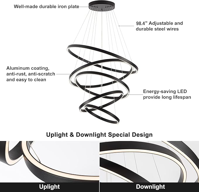 Modern LED Chandelier, 15.7"-31.4" Ring Chandelier, Black, High Ceiling, Foyer, Living Room