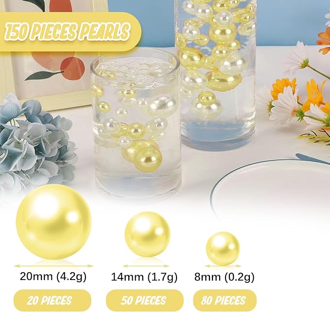 Light Yellow Vase Filler | 150PCS Pearls Bead for Centerpieces Vases | 8/14/20 mm No Hole Beads, Fake Pearls for Wedding Birthday Easter Theme Party Table Centerpieces Decor