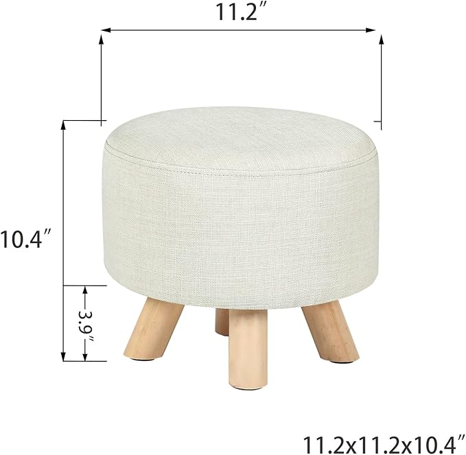 Asense Small Round Ottoman Foot Rest Stool Fabric Padded Seat Footstool Ottoman with Non-Skid Wooden Legs (Beige,Fabric)