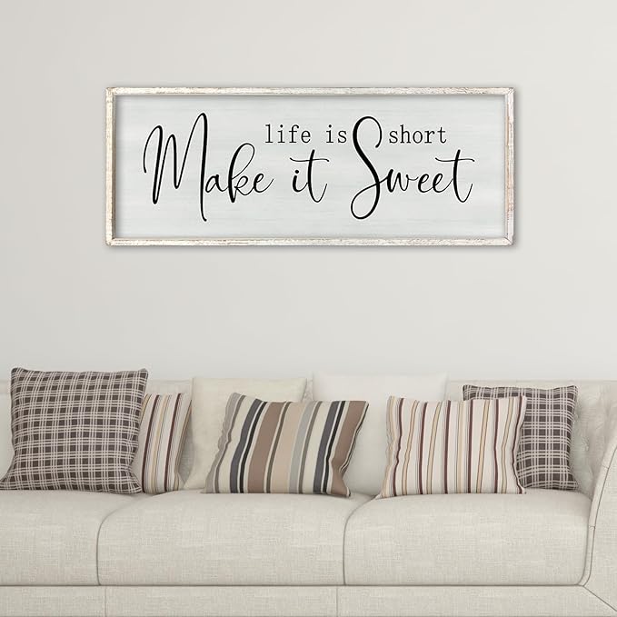 ZZJJHYWGQ Life is Short Make It Sweet Sign Wall Decor 32"×12" for Bedroom Family Lnspirational Quote Large Wood Framed Wall Hanging Art (White)