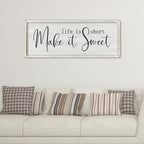 ZZJJHYWGQ Life is Short Make It Sweet Sign Wall Decor 32"×12" for Bedroom Family Lnspirational Quote Large Wood Framed Wall Hanging Art (White)