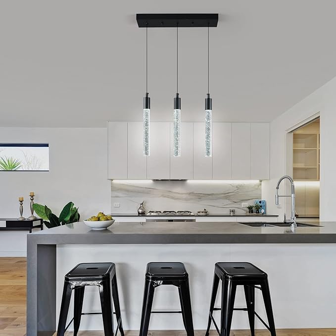 Kitchen Island Lighting Modern Light Fixture Black Pendant Light Dimmable LED Black Finish Mini Crystal Pendant Lights for Dining Room Living Room（3-Light ）