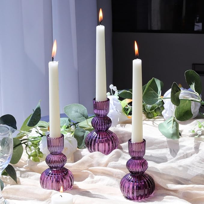 Woho Purple Candlestick Holders Set of 3 for Halloween Decorations, 4.3" H Ribbed Glass Taper Candle Holders Bulk for Wedding Table, Vintage Candle Sticks Holder Decor for Birthday Party/Home Decor