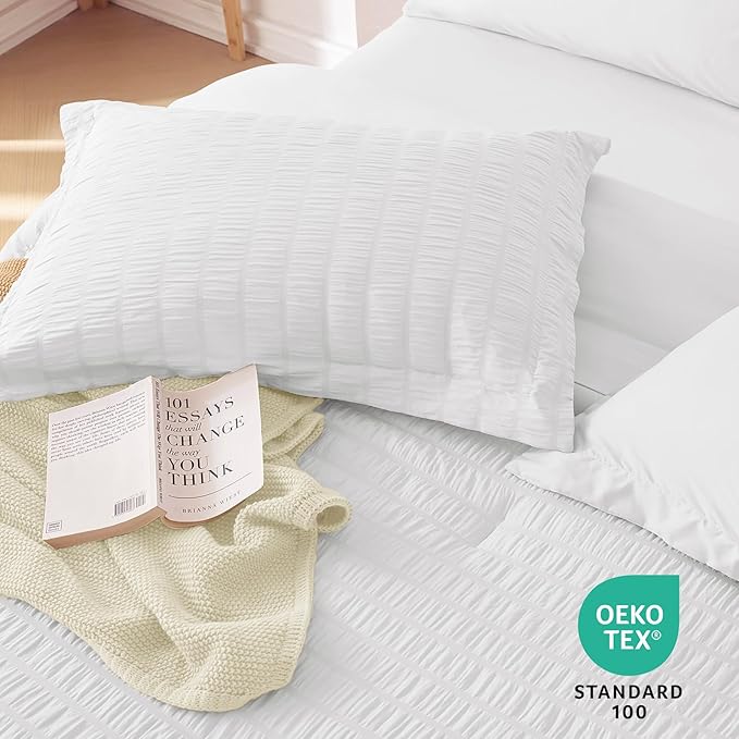 MUXHOMO 7 Pieces Queen Comforter Set, Seersucker Bed in a Bag Queen Size, All Season Luxury Bedding Set with Comforter, Flat Sheet, Fitted Sheet, Pillowcases & Shams, White