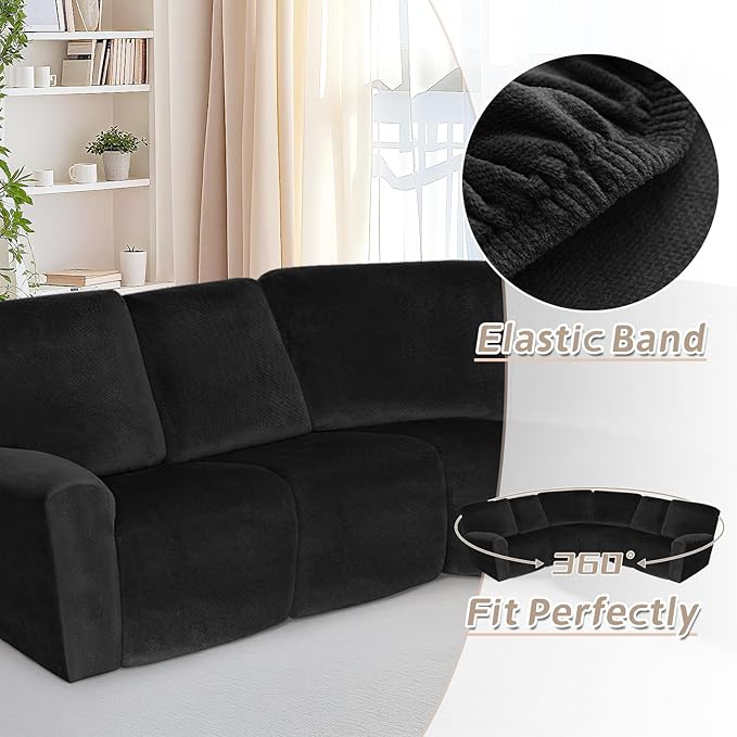 Arfntevss Sectional Recliner Couch Covers Velvet Corner Sectional Sofa Cover for Reclining Couch Stretch Soft L Shape Recliner Slipcover Thick U Shaped Washable Protector (5 Seat Cover, Black)