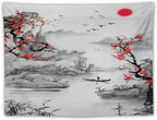Cherry Blossoms Tapestry, Japanese Red Landscape Watercolor Abstract Art, Asian Japanese Wall Tapestry, Nature Landscape Tapestries for Bedroom Living Room Decor 90"x60"