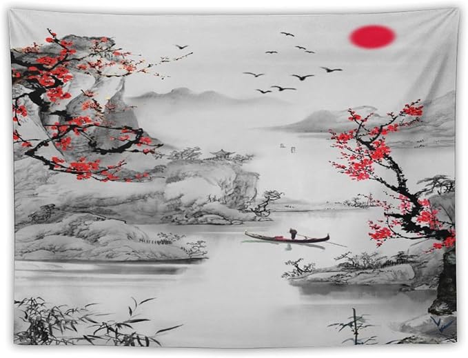 Cherry Blossoms Tapestry, Japanese Red Landscape Watercolor Abstract Art, Asian Japanese Wall Tapestry, Nature Landscape Tapestries for Bedroom Living Room Decor 60"x40"