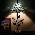 Small Tiffany Lamp Stained Glass Table Lamp Metal Leaf Accent Desk Memory Lamp Sympathy 8X20 Inch (Sea Blue Dragonfly Style)