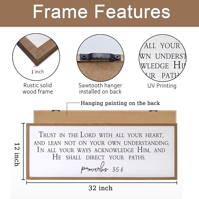 Trust in the Lord With All Thine Heart Wall Decor Art Bible Verse Sign Proverbs 3:5-6 Framed Wood 32X12 Inch For Scripture Christian Hanging (Wood)