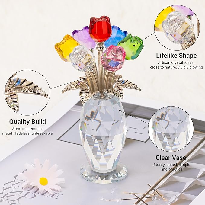 Glass Rose Flowers, Crystal Glass Figurines Rose Decorations for Home Gifts for Mom Wife Grandma, Crystal Flowers Collectible Ornament Mother's Day Thanksgiving Anniversary Birthday Gifts (Rainbow)