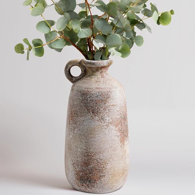 Sunddo 10 Inch Rustic Terracotta Ceramic Vase, Farmhouse Vintage Flower Vase with Handle, Centerpiece Table Decorations, Living Room Kitchen Bedroom Desk Shelf Decor Gift