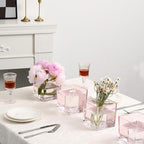 Square Pink Glass Vases Set of 2, 6" x 6" x 6" Square Vase for Centerpieces, Flower Vases for Centerpieces, Small Vase for Wedding, Party, Home Office Decoration
