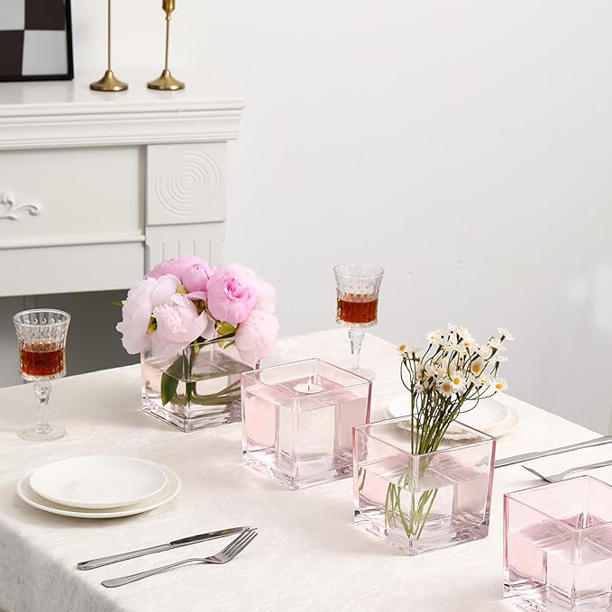 Square Pink Glass Vases Set of 2, 6" x 6" x 6" Square Vase for Centerpieces, Flower Vases for Centerpieces, Small Vase for Wedding, Party, Home Office Decoration