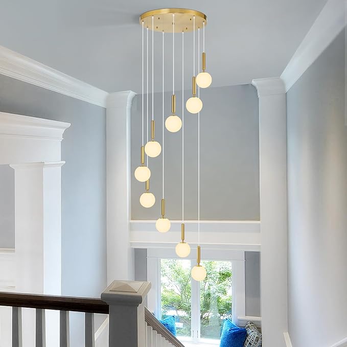 9-Lights Gold Chandelier with Milk White Glass Mid Century Modern Globe Pendant Light for Foyer Living Room Entryway Hallway