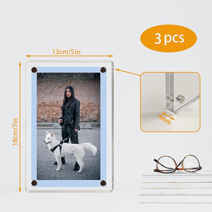 3 Pack acrylic fridge magnetic frame 5X7 Inch refrigerator photo magnet frames clear picture frames magnetic photos Display frame Double-Sided acrylic magnet frames(3pcs clear, 5x7 inch)