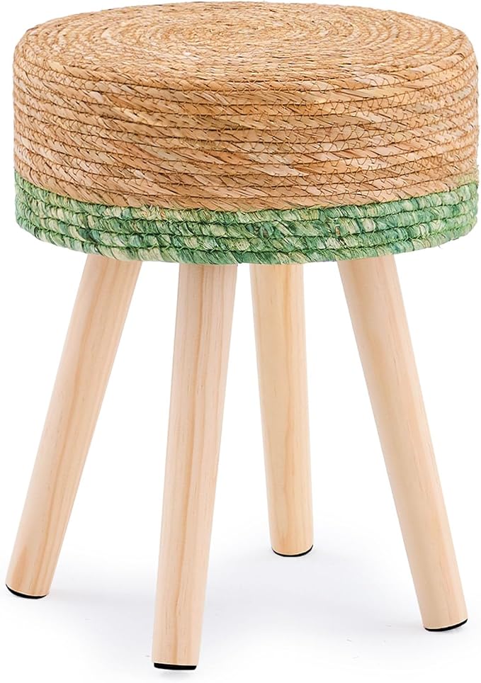 Handwoven Outdoor Ottoman, Water Hyacinth Pouf Round Patio Footstool with Wood Legs, 17-Inch Multipurpose Vanity Stool, Dining Chair, Patio Footrest for Balcony and Garden, Green