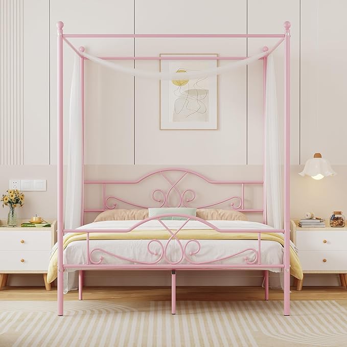 Weehom Full Canopy Bed Frame with Headboard and Footboard, Four-Poster Metal Canopied Platform Bed Mattress Foundation Underbed Storage Space No Box Spring Needed for Girls Adults Pink