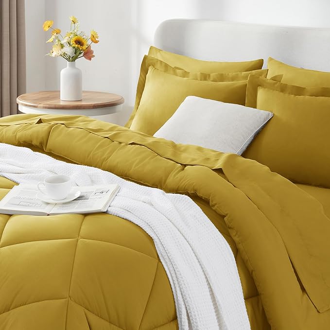 CozyLux Full Size Comforter Sets Mustard Yellow - 7 Pieces Bed in a Bag Full, Luxury Soft Bed Set for All Seasons, Bedding Set with Down Alternative Comforter, Sheets, Pillowcases & Shams