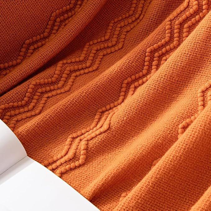 MIULEE Burnt Orange Knitted Throw Blanket for Couch Boho Textured Cozy Woven Blanket with Tassels for Sofa Chair Bed Living Room Fall Home Decor Farmhouse Acrylic Wave Pattern 50"x60"