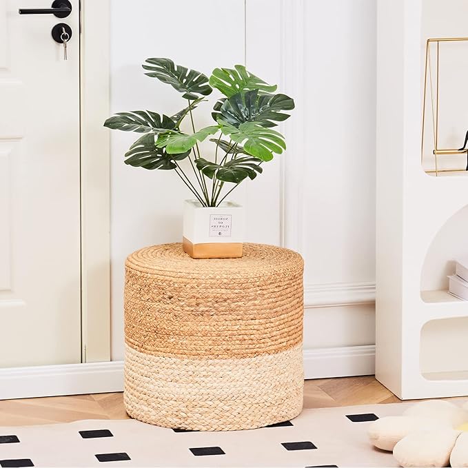 Wimarsbon Ottoman Pouf, Natural Braided Jute Poof, 18'' Outdoor Ottoman for Garden, Rustic Handweave Lounge Pouffe, Boho Footrest Stool for Bedroom, Accent Table or Seat for Patio, Living Room